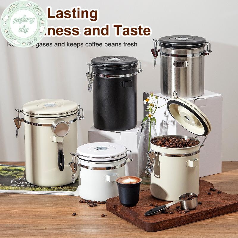 Hộp đựng cà phê PUSKY kín khí Van một chiều bằng thép không gỉ Hộp đựng thực phẩm nhà bếp có ngày trao đổi và muỗng cho xay cà phê 1.2 1.5 1.8L VN