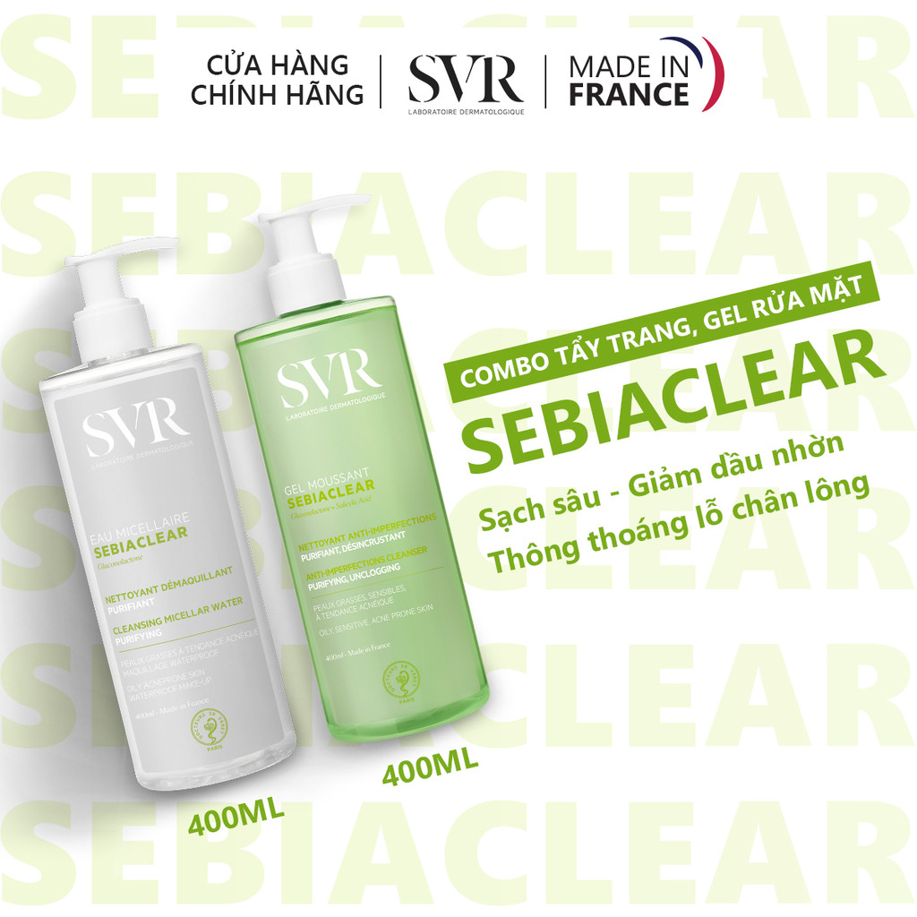 Combo làm sạch da dầu mụn Tẩy trang Sebiaclear 400ML và Gel rửa mặt Moussant 400ML (CBG02)