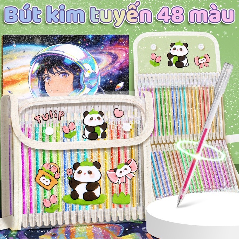 Bút highlight nhiều màu kim tuyến sống động, kết hợp độ sáng và độ bền, bộ 48 cây được tặng sticker gấu trúc