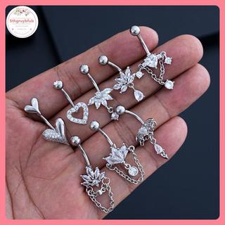 Sản phẩm nhẫn bụng nút pha lê thời trang zircon hình trái tim, phù hợp với nữ và bé gái, thiết kế xuyên inox đẹp mắt