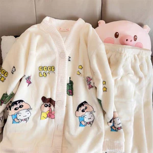Flannel Bộ Đồ Ngủ Nữ Mùa Đông Dày Plus Lông Cừu Sinh Viên Hoạt Hình Dễ Thương Cardigan Loungewear Bộ Đồ Hai Mảnh