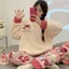 Cửa Hàng Bộ Đồ Ngủ Nữ Thu Đông Flannel Ren Dây Rút Áo Chui Đầu Hoạt Hình Lông Cừu Dày Ấm Áp Phong Cách Truyện Tranh Thêu Homewear Bộ