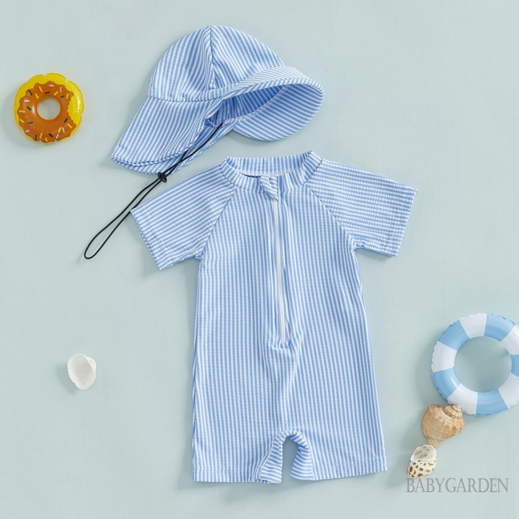 Tập Đi Bé Trai Sọc Đồ Bơi Tay Ngắn Nửa Dây Kéo Chống Đập Rash Guard Đồ Bơi Sunhat Bộ