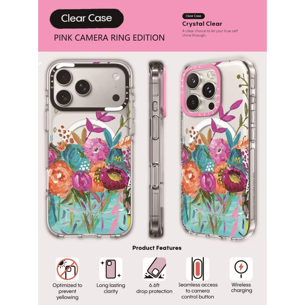CASECASE X Màu Nước Hoa Xanh Ốp Lưng Điện Thoại HỒNG CAMERA RING PHIÊN BẢN Tác Động Trong Suốt Hút Từ Tính Cho iPhone 17 / 16 / 15 / 14 / 13 Pro Max Air Có Bao Bì Cao Cấp