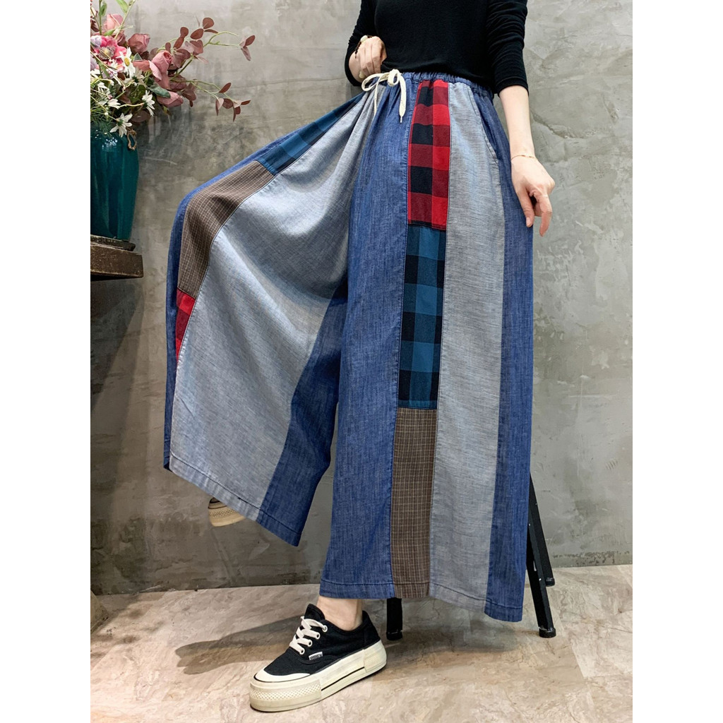Quần Denim Nữ Cao Cấp Retro với Màu Sắc Thời Thượng, Miếng Dán Nối Eo Cao và Thắt Lưng Co Giãn, Thiết Kế Ống Rộng Thẳng
