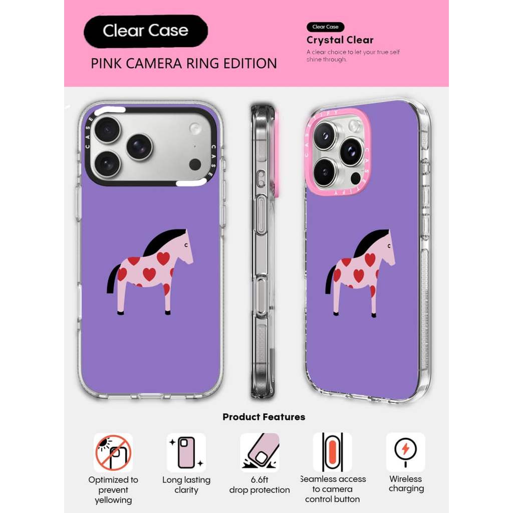 CASECASE X Nền Tím Đỏ Trái Tim Ngựa Ốp Lưng Điện Thoại HỒNG CAMERA RING PHIÊN BẢN Tác Động Trong Suốt Hút Từ Tính Cho IPhone 17 / 16 / 15 / 14 / 13 Pro Max Air Với Bao Bì Cao Cấp