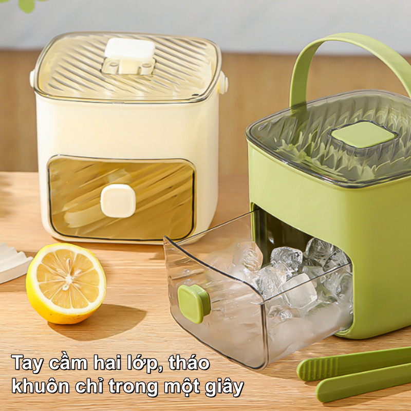 Hộp làm đá viên 2 tầng di động, tay cầm tiện lợi, nhấn lấy đá siêu nhanh, chất liệu PP cao cấp