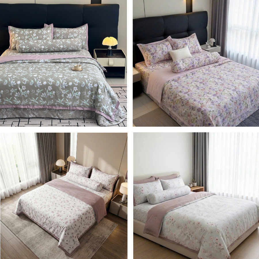 (SCB85)Bộ Chăn Ga Gối Lụa Họa Tiết Hoa Nhí Mang Phong Cách Dễ Thương, Điệu Đà - MemMinbedding Luxury