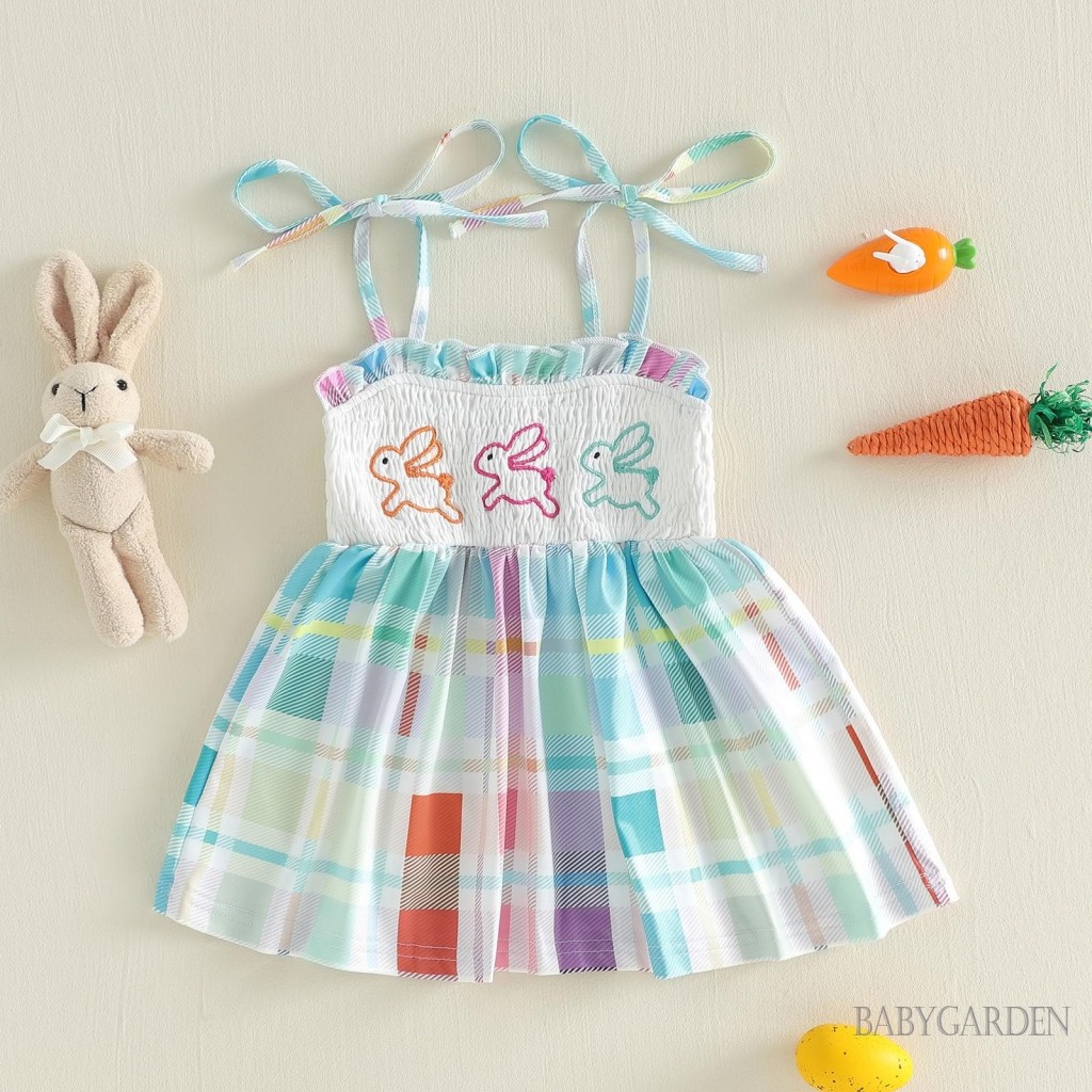 Váy kẻ sọc Phục sinh cho bé gái 6M-4Y | Váy chống nắng dây đeo Spaghetti thêu thỏ