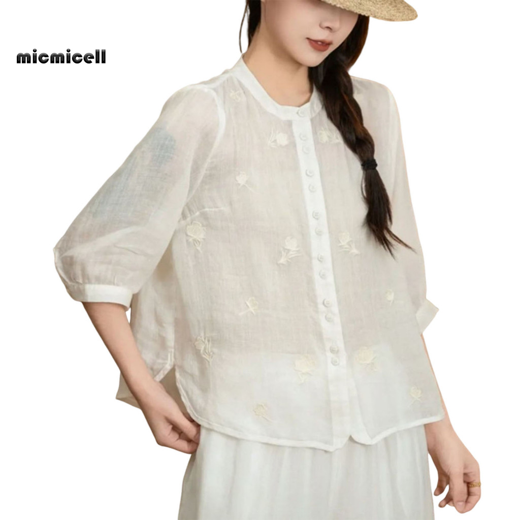 MIC - Áo sơ mi nữ mùa hè cổ tròn tay 3/4, họa tiết tre tự nhiên và thêu hoa