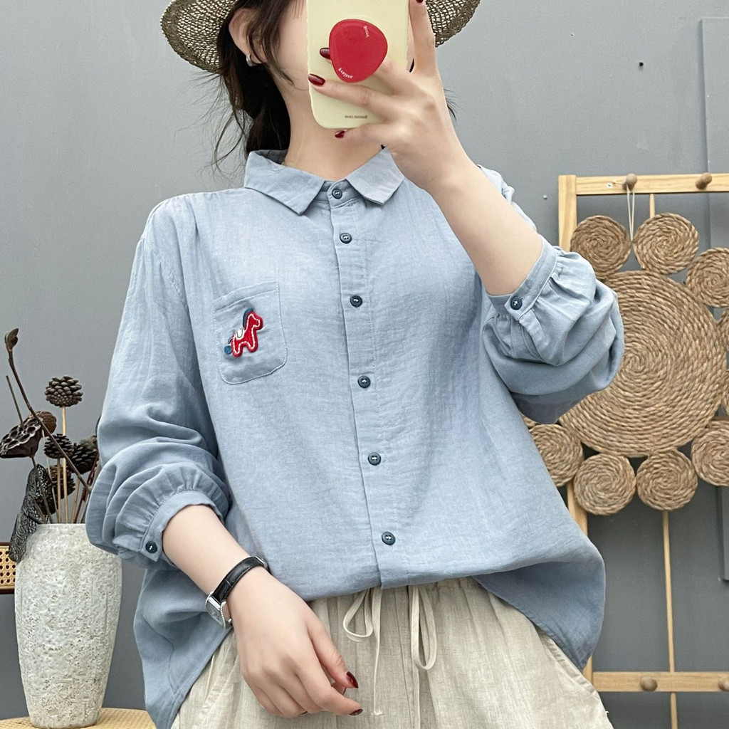 [Hàng có sẵn] Áo sơ mi nữ 100% cotton chất lượng cao, retro art, thiết kế thoải mái với túi và chi tiết thêu pony