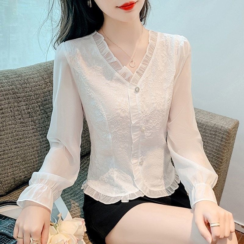 Áo sơ mi nữ tay dài, kiểu Pháp mới xuân hè với cổ áo jacquard, thiết kế thời trang, áo tay chuông bằng vải voan