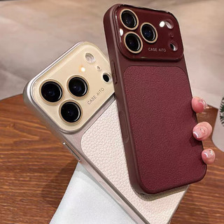 Ốp điện thoại ống kính thủy tinh họa tiết bằng da Litchi cho iPhone 17 Air 16 15 14 13 11 12 Pro Max Plus Vỏ cửa sổ lớn pha lê