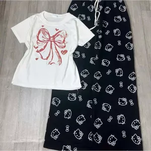 sét Bộ đồ nữ quần họa tiết mèo Kiti +áo phông CROPTOP tăm lạnh -hình nơ loang-chang315888