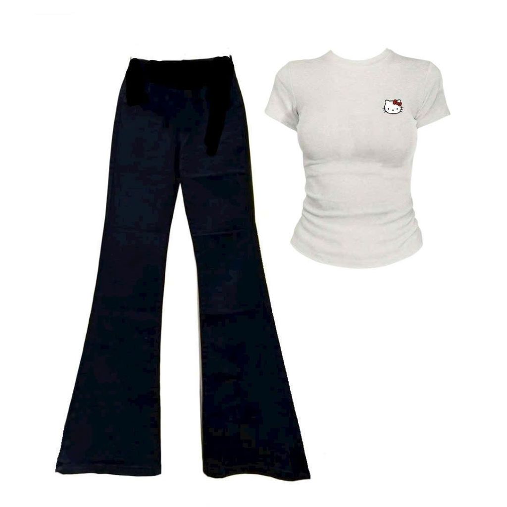 Sét Bộ quần ống loe dài co dãn + mix áo CROPTOP tăm in  hình Kity-cahng3158