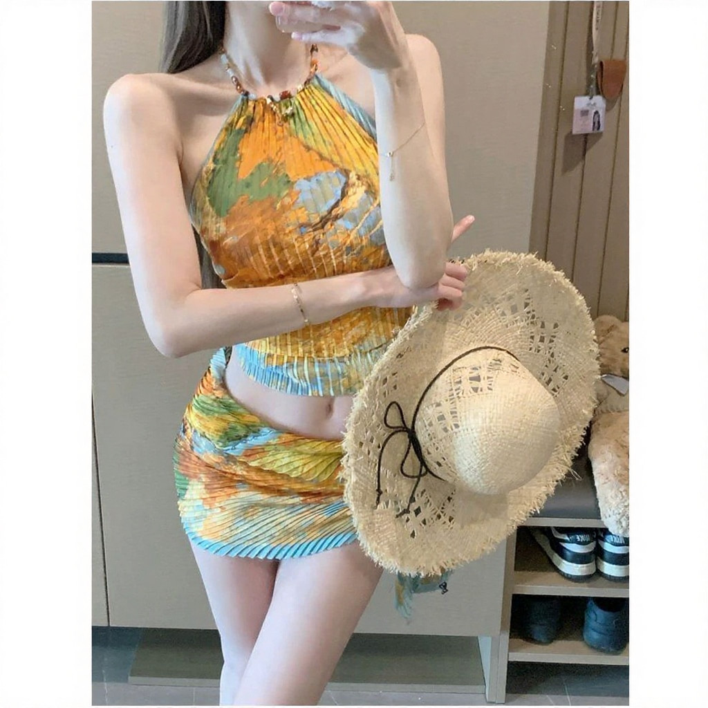 Bộ bikini ba mảnh xếp ly sọc cho mùa xuân nóng