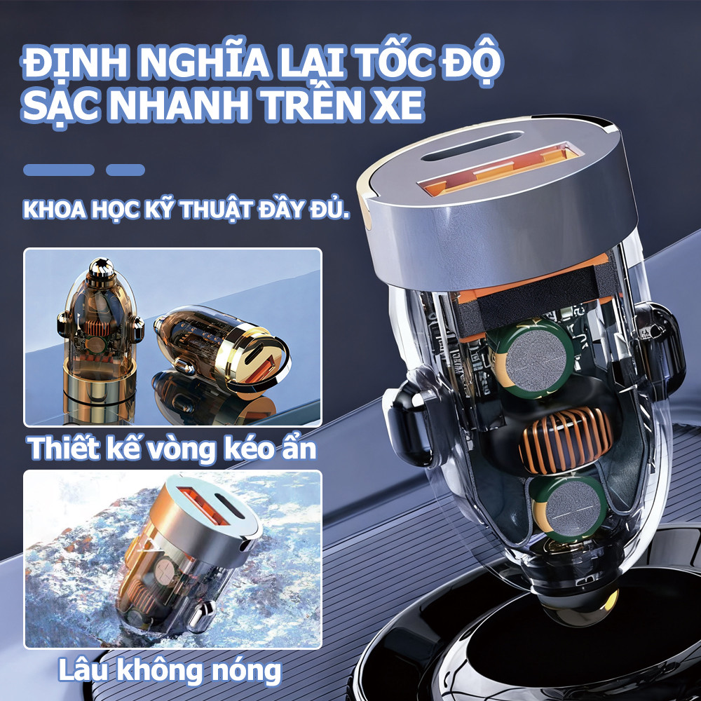 Bộ sạc xe hơi loại-120W sạc siêu nhanh vô hình sạc xe hơi ẩn mini tab kéo sạc xe hơi Bộ sạc điện thoại di động QC3.0