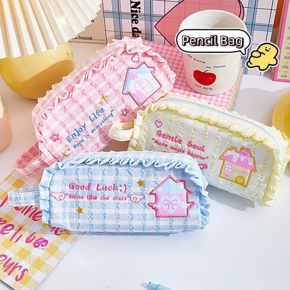Túi đựng bút chì HIGHVIEWLS, Túi đựng văn phòng phẩm nhà thêu ca rô, Túi đựng bút chì dung tích lớn phong cách Dopamine Sử dụng trường học