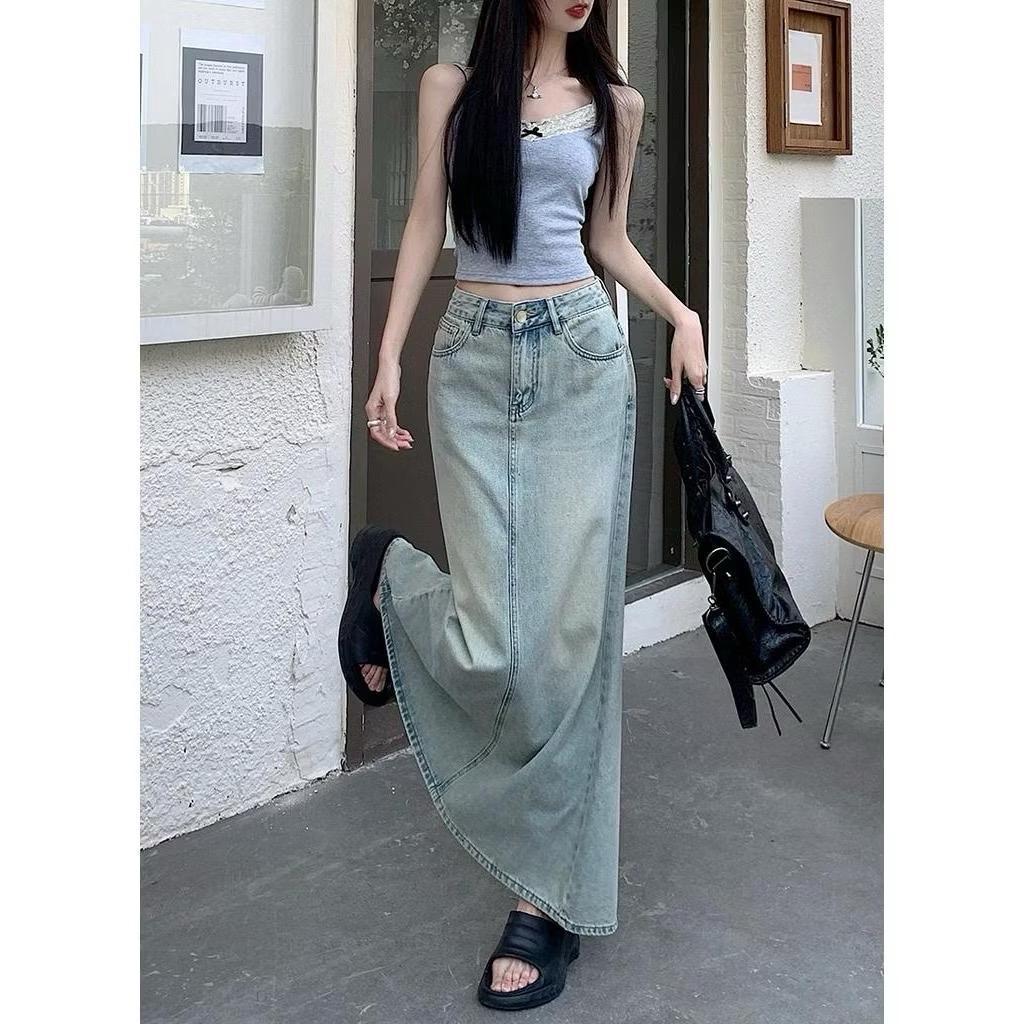 Chân Váy Jean Dáng Dài CHEZIHOUSE- BẢN ĐẸP Form Suông Đuôi Cá Xẻ Sau Dài 86cm-93cm #7915 4 màu siêu đep