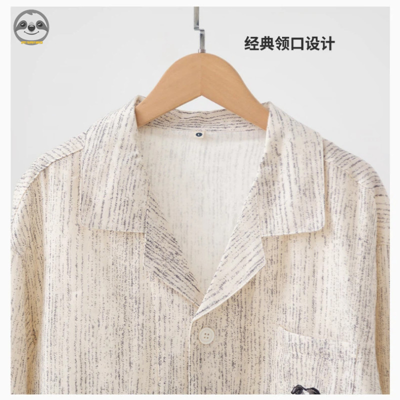 Bộ đồ ngủ ngắn tay sọc cotton nguyên chất phong cách cặp đôi / Bộ đồ ngủ hai lớp bằng sợi cotton / Bộ đồ ngắn mặc ngoài thời trang