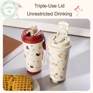 PUSKY Floral Kitten Design 550ml Cốc cách nhiệt chân không hai giọt, Bình nước di động 316 dung tích lớn VN