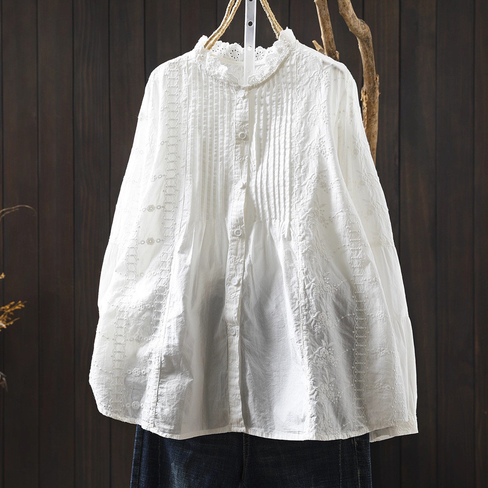 Thương Hiệu Cao Cấp - Áo Sơ Mi & Áo Cotton Nữ, Ren Thêu Trắng Be Xanh, Phù Hợp Dáng Đứng Cổ