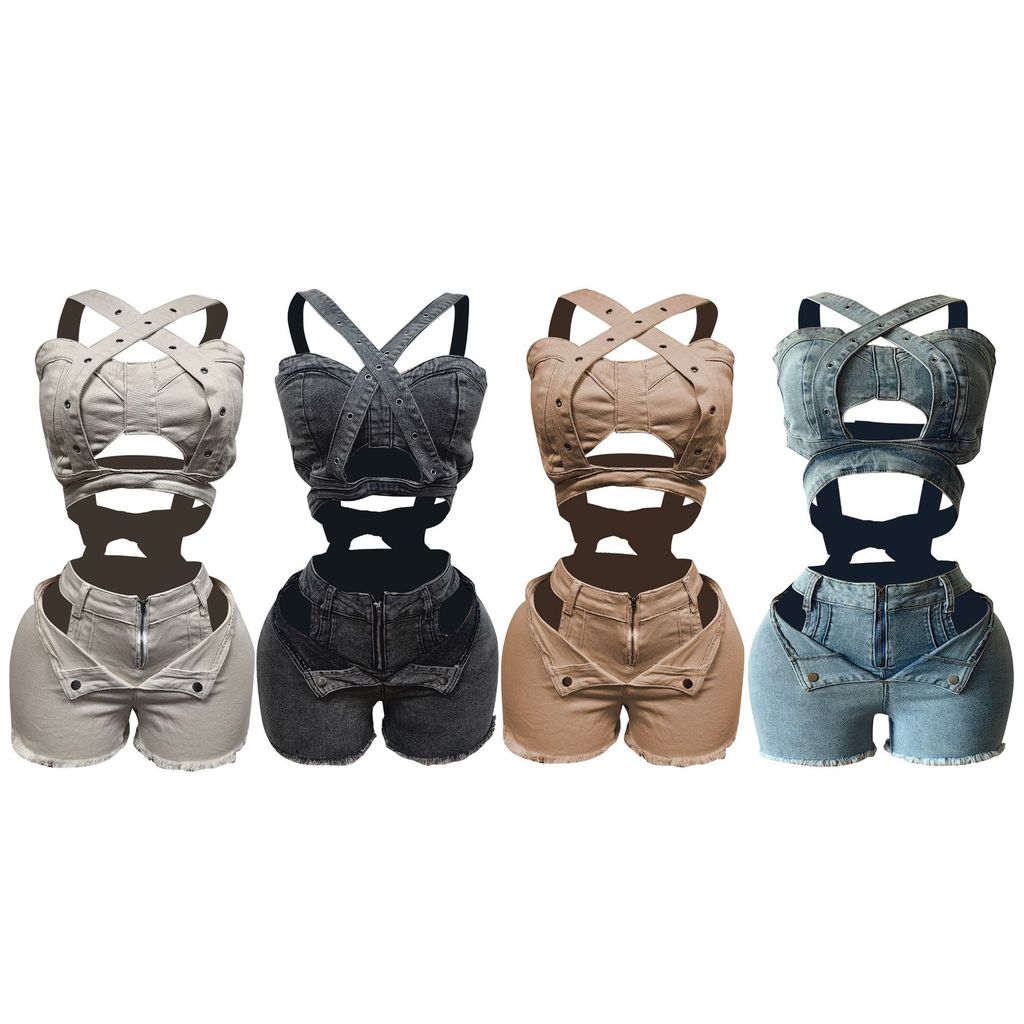 Quần short Vest Denim mới Phù hợp với ống Top Quần short co giãn có dây