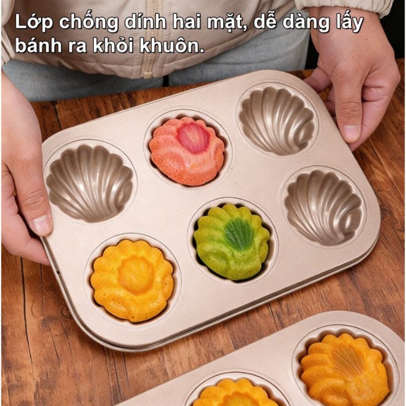 Khuôn làm bánh 6 ô chống dính thép carbon dẫn nhiệt đều dùng lò nướng chắc chắn dễ lấy bánh ra