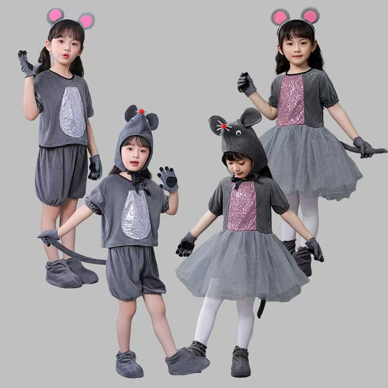 💕 HÀNG CÓ SẴN – Đầm Trang Phục Trẻ Em 3‑12 tuổi – Chuột Xám + Hoạt Hình Động Vật, Thích hợp Halloween, Giáng Sinh & Ngày Trẻ Em 🎃🎉