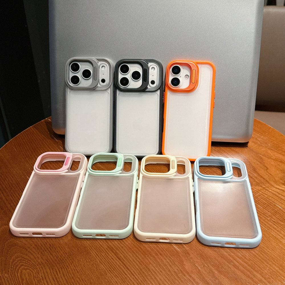 Ốp lưng trong suốt mờ có giá đỡ ống kính cho iPhone 17 16 15 14 13 12 11 Pro Max 17 Air 16 15 14 Plus Khung đầy màu sắc Vỏ đơn giản thời trang chống rơi