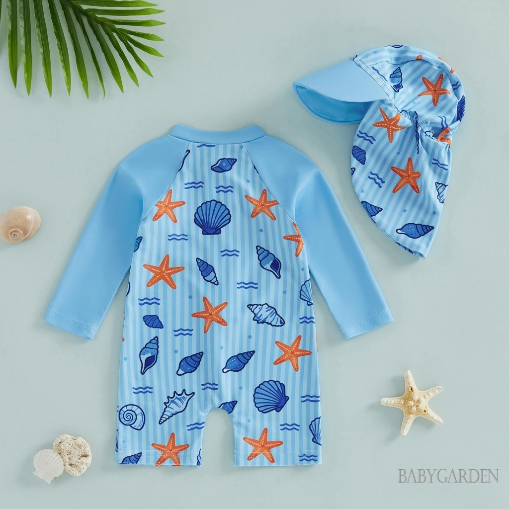 Trẻ mới biết đi Đồ bơi bé trai cổ tròn dài tay in hình tôm hùm trên dây kéo Rash Guard Đồ bơi và mũ chống nắng