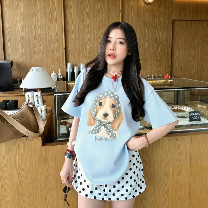 Kanos_shop | áo thun nữ form rộng, Hàn quốc dễ thương Dog print 100% cotton áo sơ mi tay ngắn