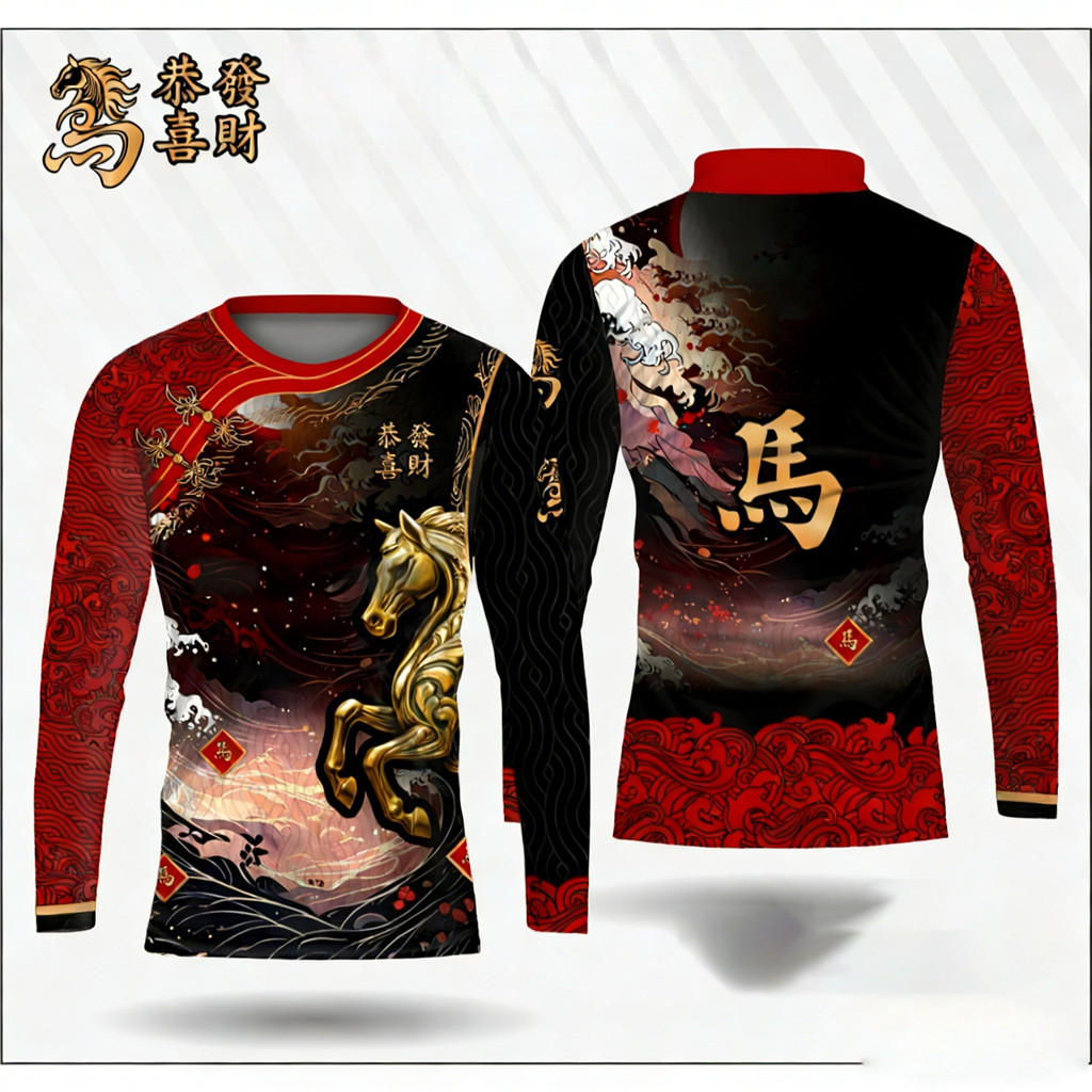 Áo thun dài tay in hình 3D con ngựa - Thời trang Tết Nguyên Đán dành cho nam