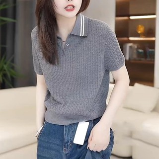 Áo len ngắn tay nữ màu xám, phong cách đơn giản, phù hợp mùa hè