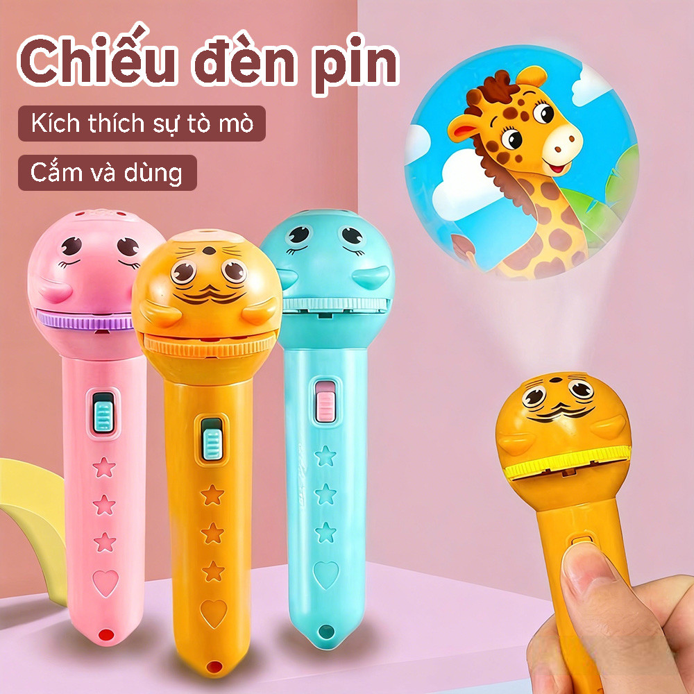 Đồ chơi đèn pin chiếu mini với 5 slide, 40 hình chiếu, chất liệu ABS, dễ sử dụng, giúp học tập sáng tạo.