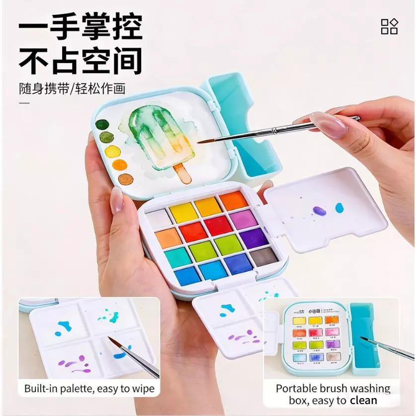 Mini 16 Màu Sắc Màu Chắc Chắn Bộ Sơn Trộn Bảng Bàn Chải Bút Hộp Rửa Nghệ Thuật Học Sinh Vẽ