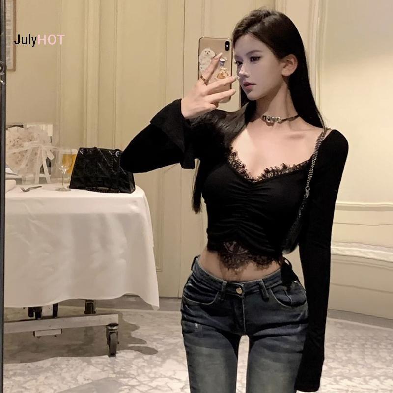 Áo thun Modal vải tay dài cổ chữ V với ren nối décolleté ngắn, style công chúa thanh lịch