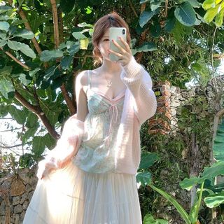 [Pre-Order]-【Áo Hai Dây Hoa Văn Phối Màu】Áo Hai Dây Giả Hai Mảnh Cổ Chữ V Phong Cách Pure Desire Dành Cho Nữ