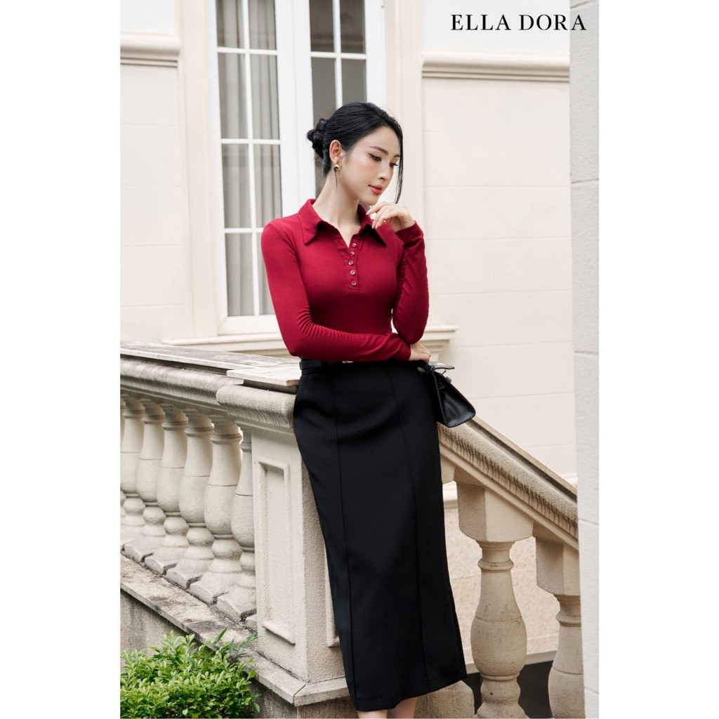 Áo thun polo ELLA DORA thiết kế tay dài cổ bẻ phối nhiều cúc form gọn thanh lịch 2 màu ĐEN/ĐỎ [AT41]