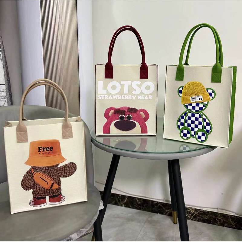 Túi vải nỉ tote tiện lợi đa năng Combo 3 sản phẩm  họa tiết hoạt hình gấu dâu có hàng sẵn ạ {FREESHIP}