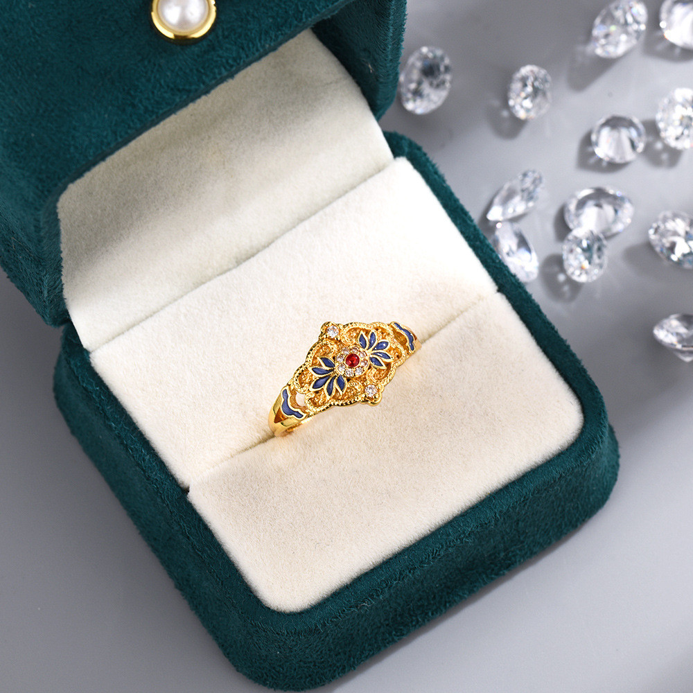 Thời trang mới cho nữ với nhẫn kiểu dáng Trung Quốc, họa tiết hoa và đá zircon sang trọng