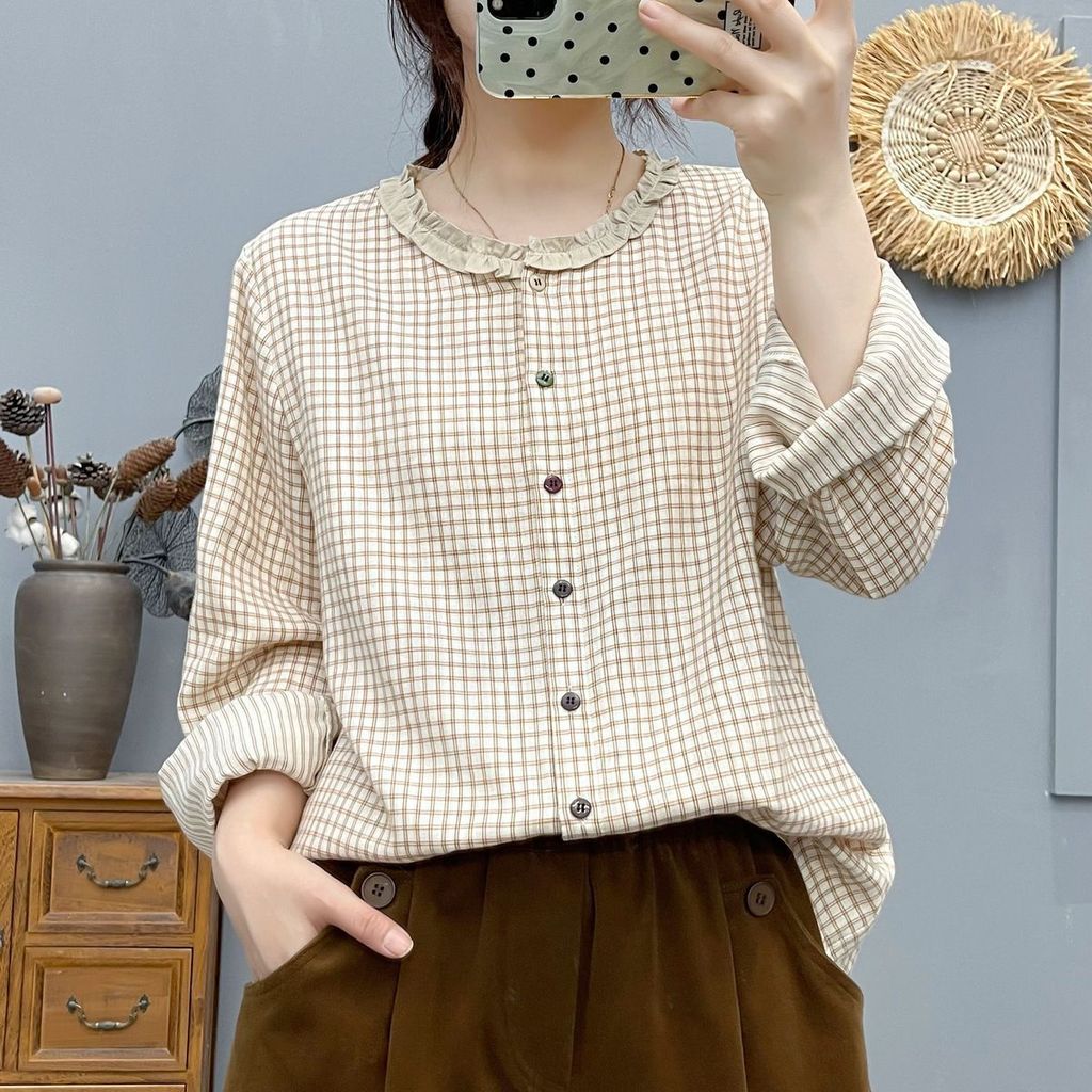 Sẵn sàng - Áo sơ mi nữ 100% cotton chất lượng cao, cổ ren kẻ sọc nhỏ, thoáng mát cho mùa xuân