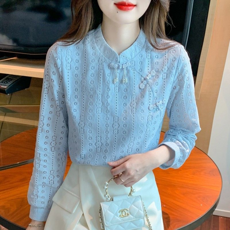 Áo sơ mi mới, thiết kế ren khoét rỗng, cổ đứng, chuẩn nàng công sở thanh lịch, duyên dáng,dễ phối đồ