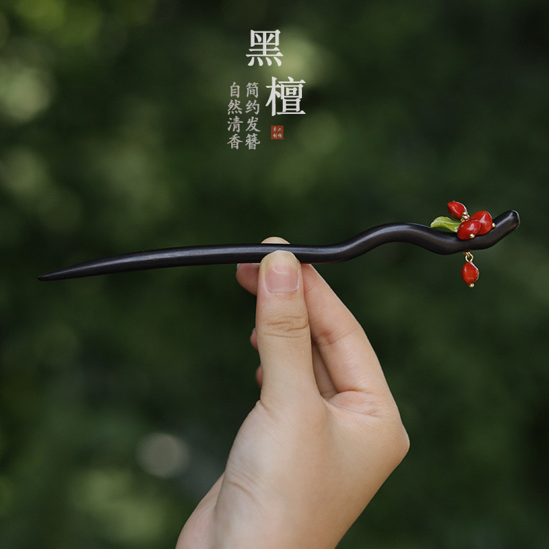 Kẹp Tóc Gỗ Đàn Hương Màu Nâu và Đỏ, Phụ Kiện Hanfu Phong Cách Trung Quốc