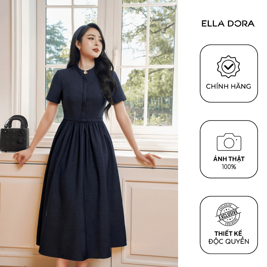 Đầm denim ELLA DORA cổ trụ 1 cúc form ôm thiết kế dáng dài thanh lịch hiện đại [D263]