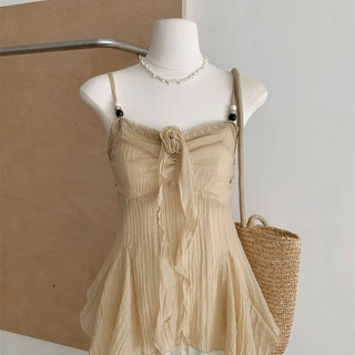 Camisole voan ren xù cổ chữ V họa tiết cánh hoa tươi mát, chất liệu mỏng nhẹ