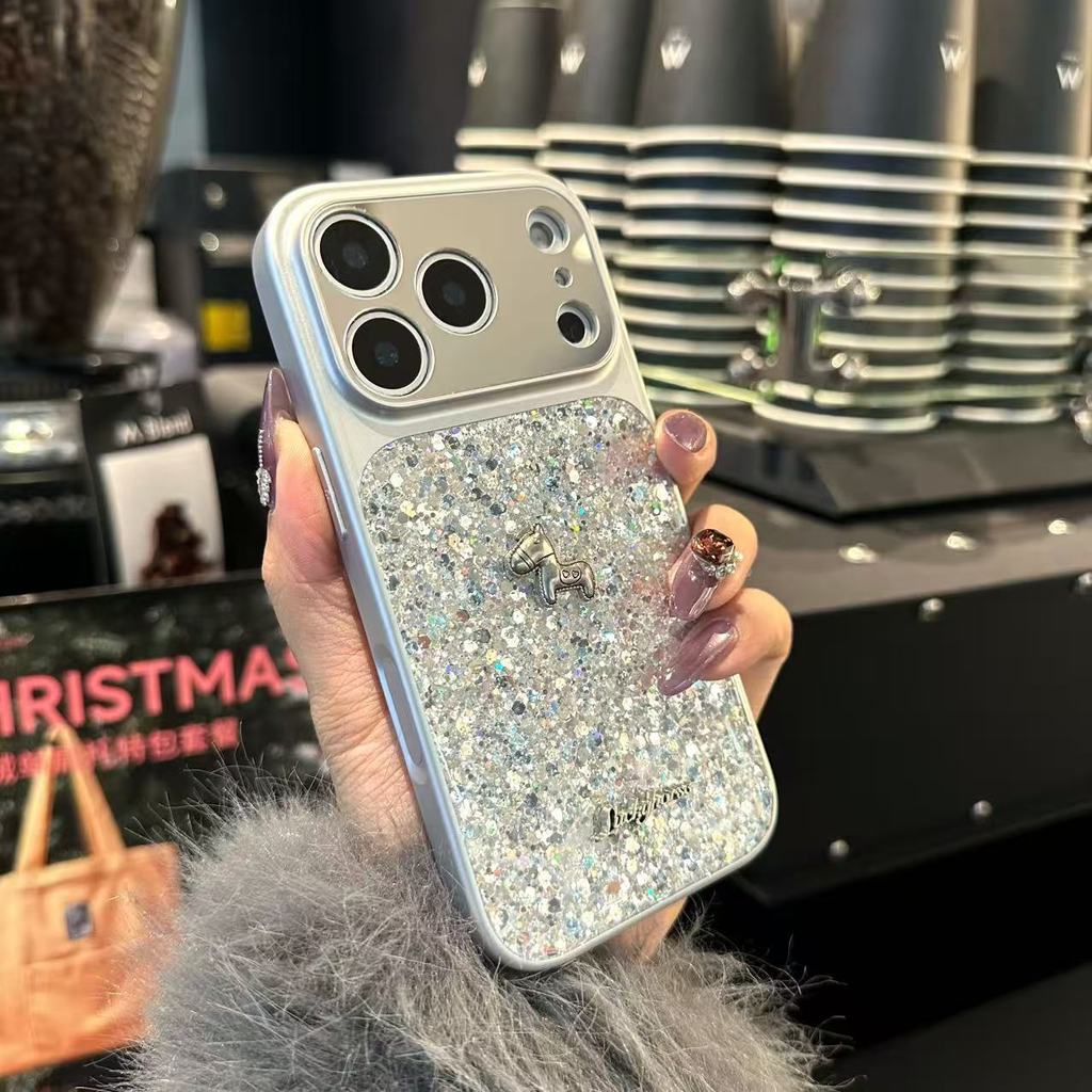 Ốp điện thoại hình ngựa kim cương mờ + dây buộc cho IPhone 17 Pro Max 17 16 15 14 13 Vỏ điện thoại chống rung