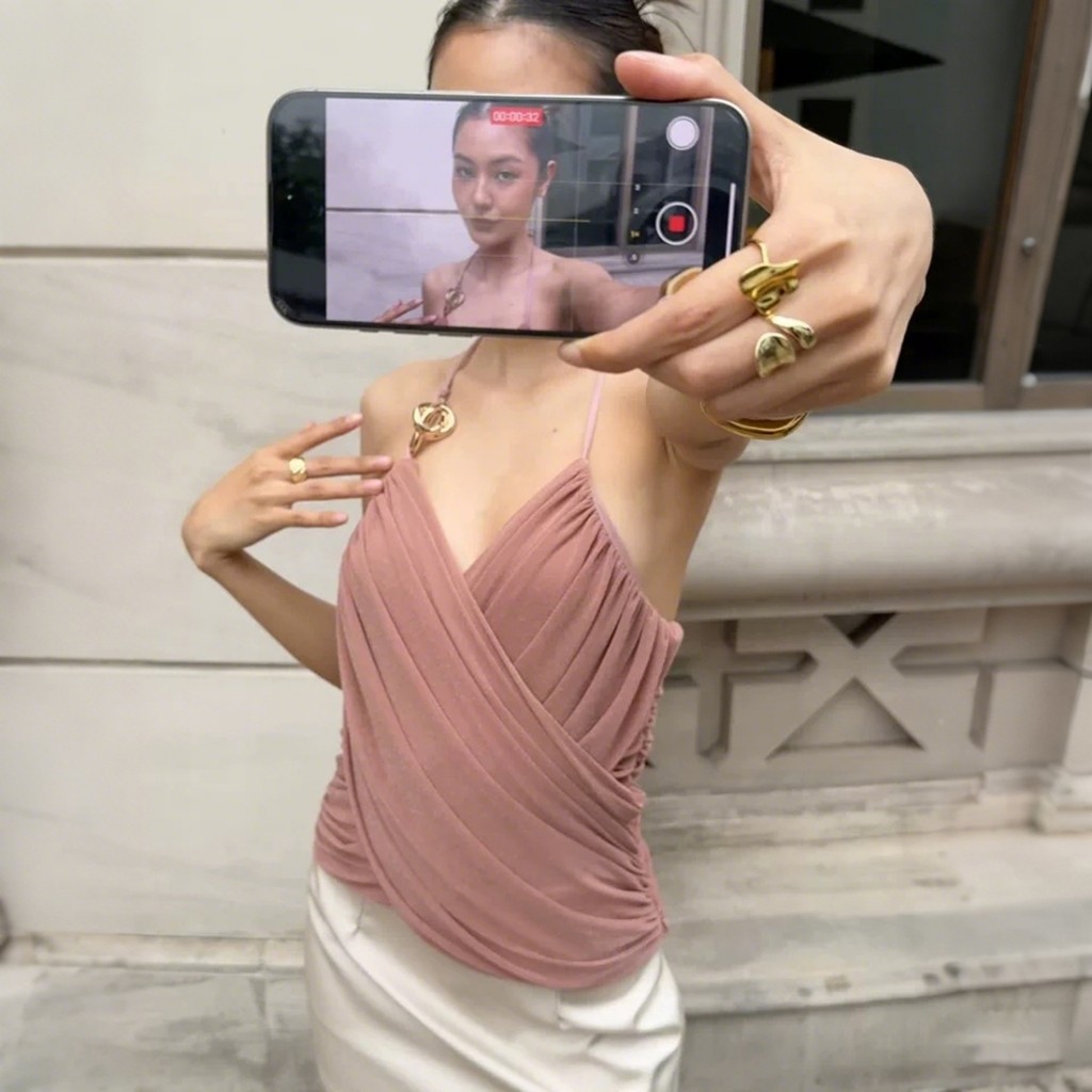 Camisole nữ cổ chữ V quấn ngực khóa kim loại, thiết kế chắp vá lưng, phù hợp đi biển và clubwear