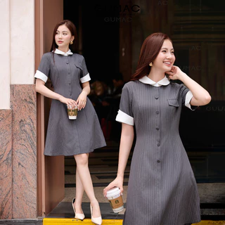 Đầm nữ GUMAC form A cổ sơ mi phối nẹp đính nút vải linen bố sọc  DF09021