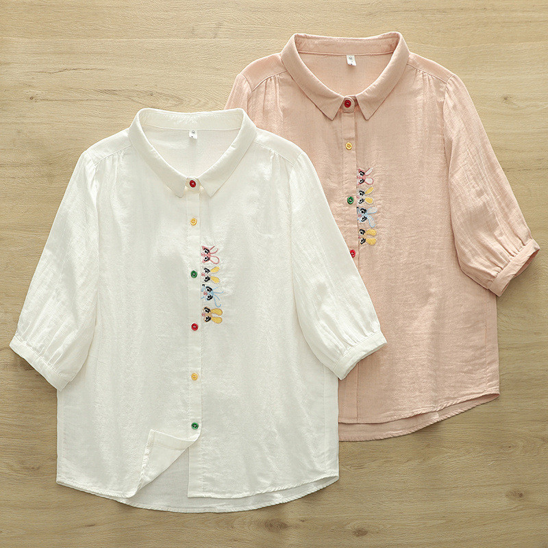[Sẵn Sàng] Áo Sơ Mi Nữ Sợi Cotton Cao Cấp Mùa Hè Placket Thêu Hình Thỏ Tay Ngắn